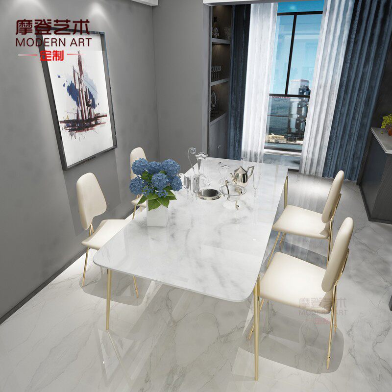 意式轻奢岩板餐桌长方形大理石小户型餐桌简约不锈钢餐台椅子家用