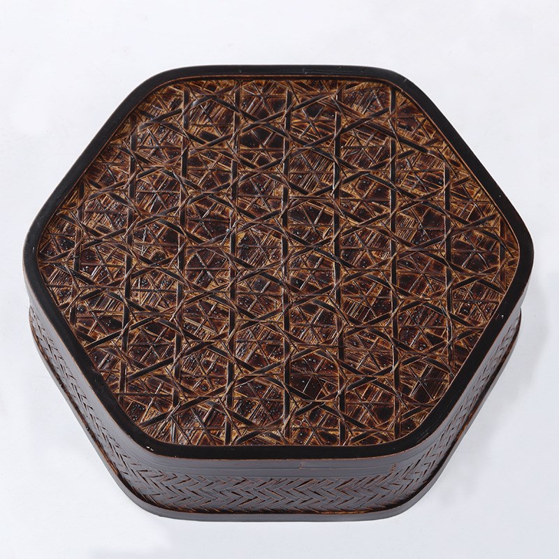 竹编日式大漆复古食盒收纳筐圆形带盖子茶具收纳盒漆器礼品篮手提