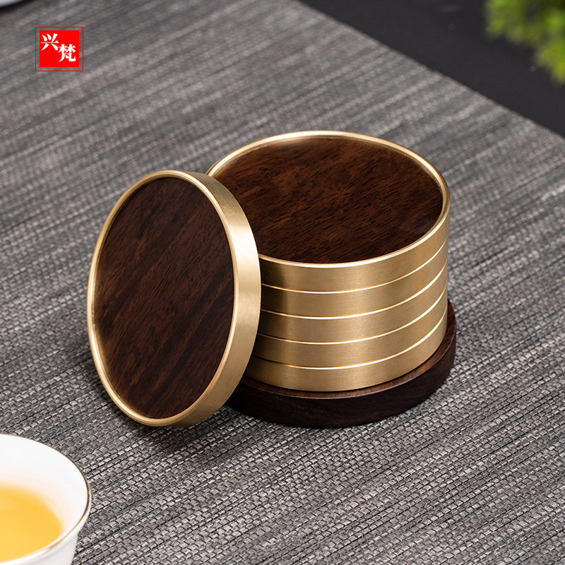 实木茶杯垫隔热垫功夫家用纯铜茶杯托黑檀木壶承茶艺茶道茶杯杯垫