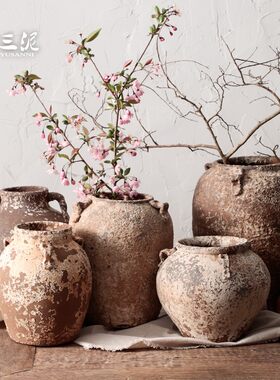 手工粗陶花器做旧仿出土陶罐景德镇陶艺花瓶日式茶室禅意花盆定款
