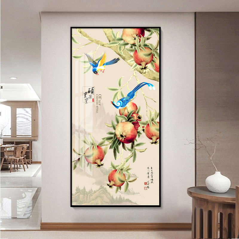 新款新中式进门入户玄关装饰画过道走廊竖版石榴招财壁画富贵吉祥