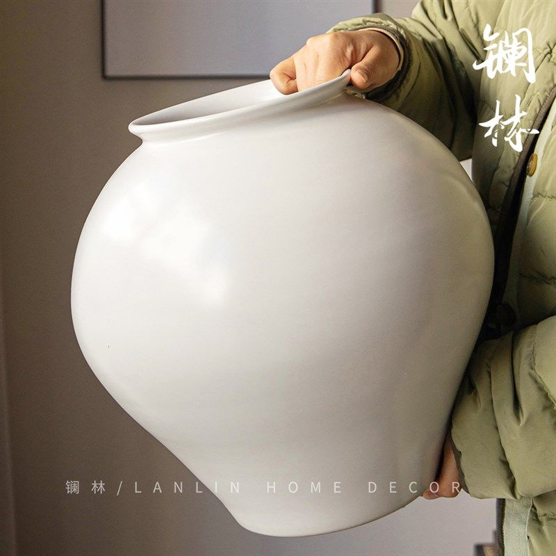 新中式白色花瓶插花水培种树花盆侘寂风客厅民宿大号月亮罐粗陶罐