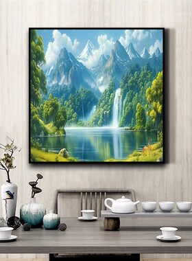青山绿水装饰画办公室背景墙客厅玄关正方形挂画聚宝盆招财靠山图