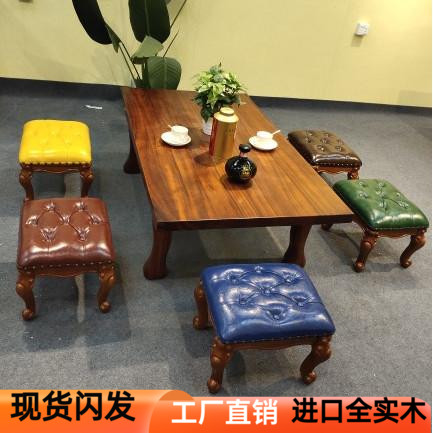美式家用茶几小凳子客厅实木矮凳复古小方凳欧式小板凳门口换鞋凳