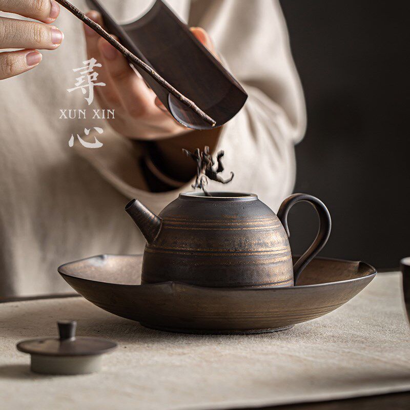 寻心复古手工薄胎鎏金茶壶家用中式泡茶壶粗陶铁锈釉单壶功夫茶具