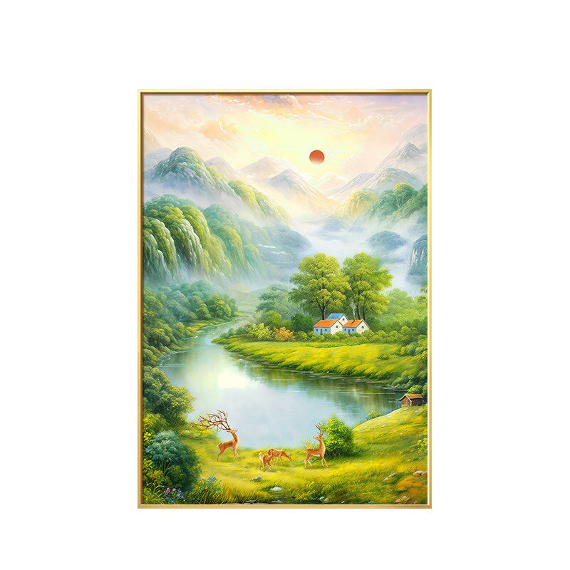 旭日东升玄关装饰画山水风景画进门入户走廊过道壁画客厅手绘油画