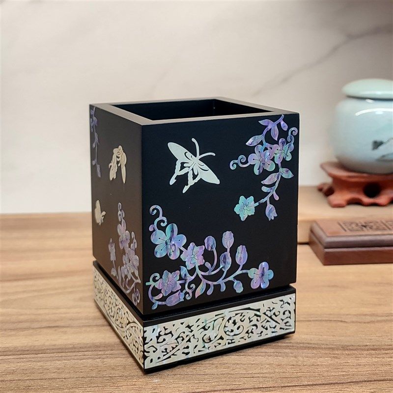 螺钿漆器笔筒送老师书房办公桌面摆件木质复古中国风 教师节礼物