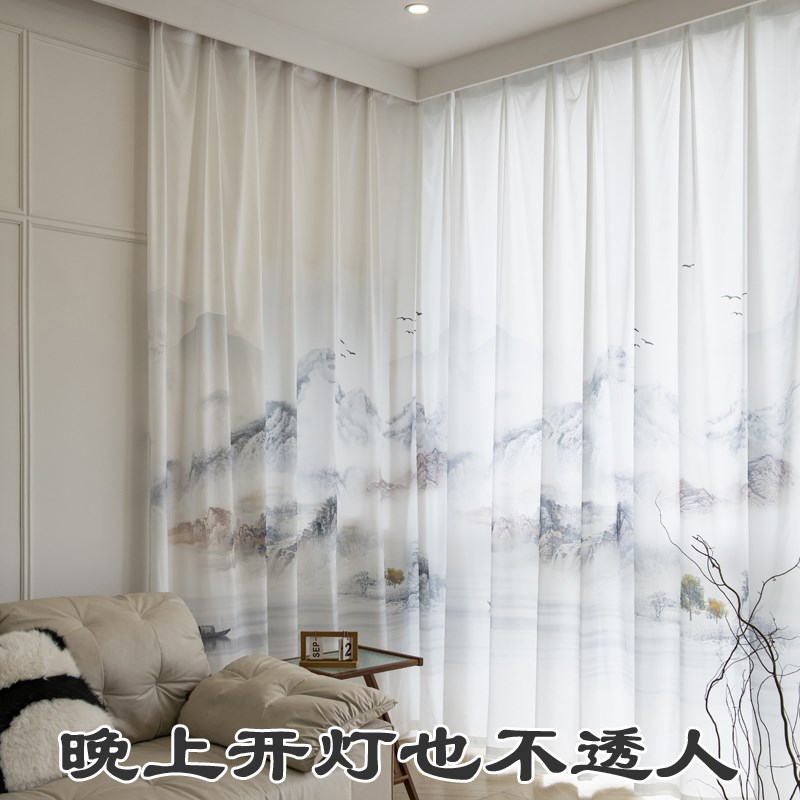 新中式山水墨画中国禅意风窗帘客厅餐厅隔断透光不透人免打孔安装
