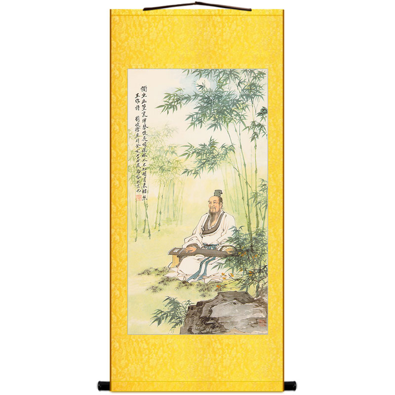 王维诗意图人物画 竹林月下清音高士抚琴卷轴挂画绢布 复古装饰画