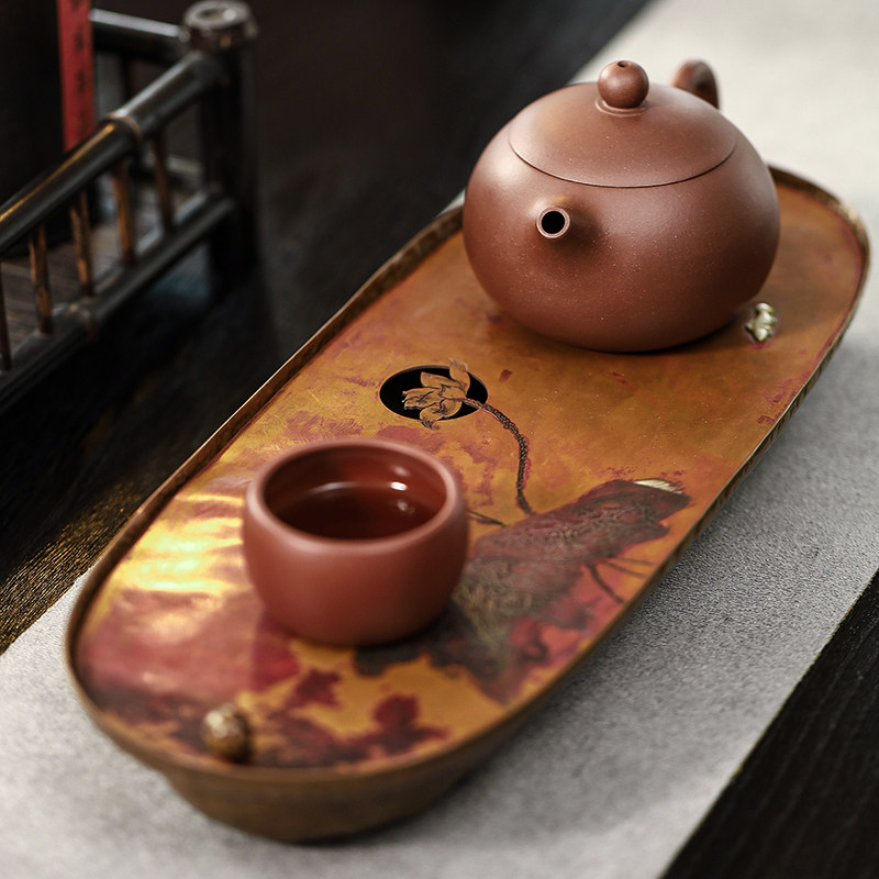 手工纯铜壶承茶盘养壶蓄水干泡台鎏银茶承壶托家用泡茶台功夫茶具