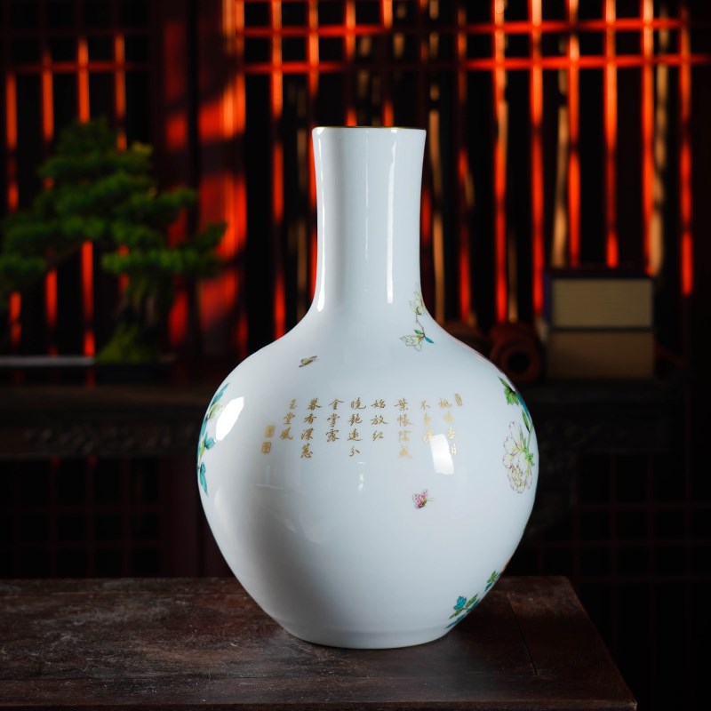 宁封窑景德镇陶瓷花瓶摆件客厅手绘新中式仿古粉彩玉堂富贵天球瓶