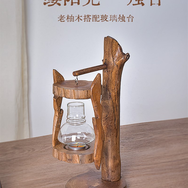 泰国原木烛台实木创意摆件风灯家用防风马灯玻璃罩蜡烛台欧式装饰