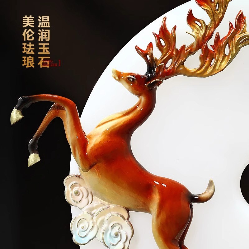一路高升梅花鹿摆件玉石平安扣招财客厅玄关酒柜高档装饰乔迁礼品