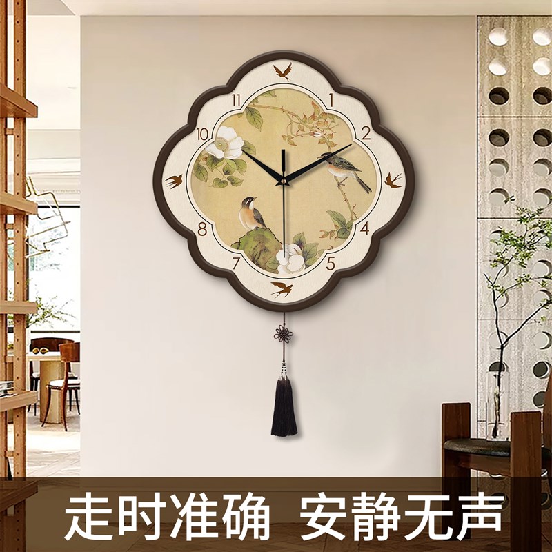 高宅中式轻奢花鸟风景客厅装饰画静音挂钟复古简约背景墙壁画时钟