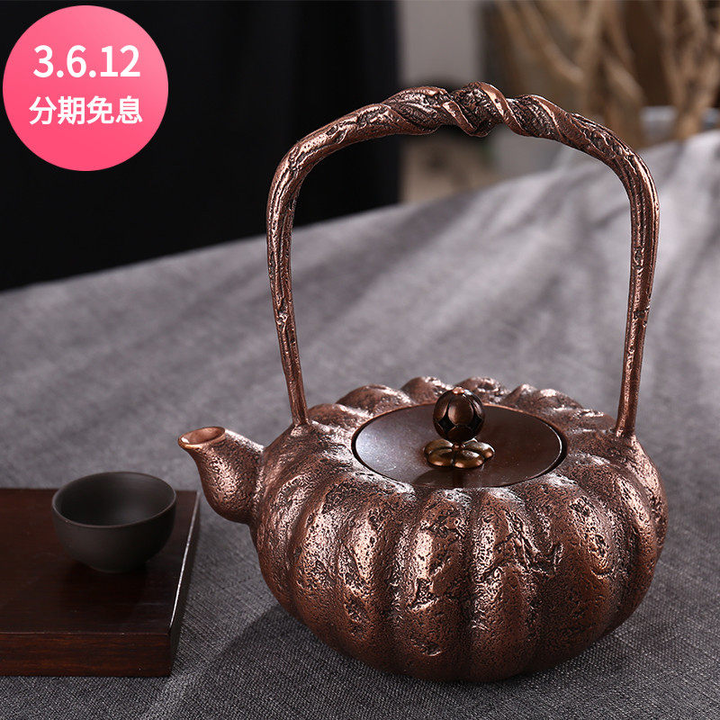 复古加厚纯手工铸铜茶壶纯铜烧水壶一体铜壶紫铜提梁壶日式功夫茶