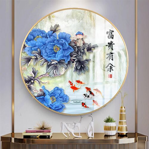 新中式牡丹花挂画客厅背景墙装饰画玄关过道圆形餐厅壁画花开富贵