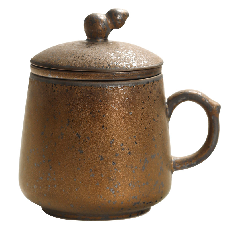 粗陶泡茶杯复古陶瓷水杯 葫芦带盖喝茶杯子 过滤马克杯办公会议杯