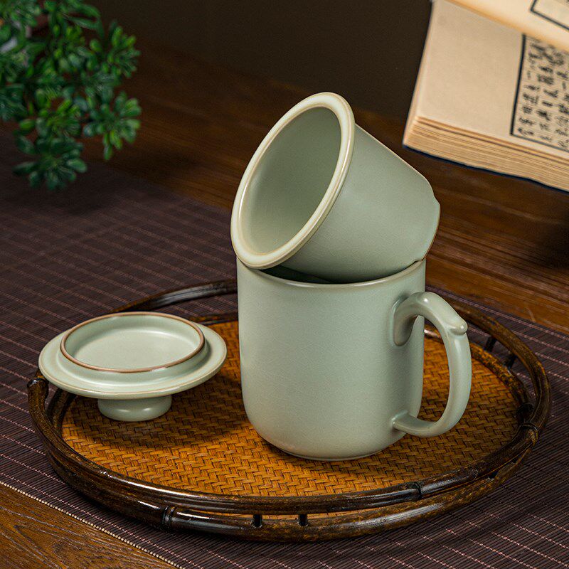 汝窑手工办公杯过滤一体茶杯景德镇陶瓷品茗杯主人杯开片可养青瓷