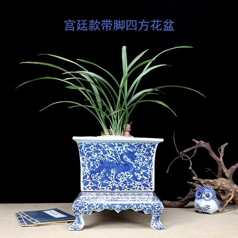 景德镇陶瓷手绘四角新中式高手绘青花瓷花盆麒麟罗汉松树盆景兰花