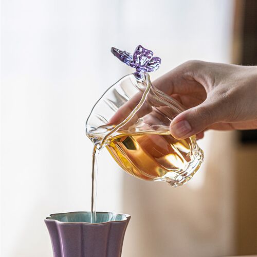 画续紫蝶花苞玻璃公道杯玻璃茶海高档功夫茶道配件耐高温分茶器