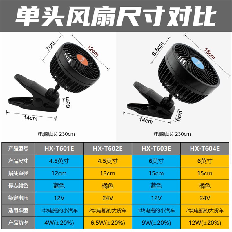 湖鑫夹子固定车载风扇汽车用电风扇12V24V大货车里电风扇大风速静