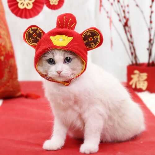 猫咪新年帽子过年小猫头套英短头饰宠物狗狗卡通圣诞围巾围脖饰品