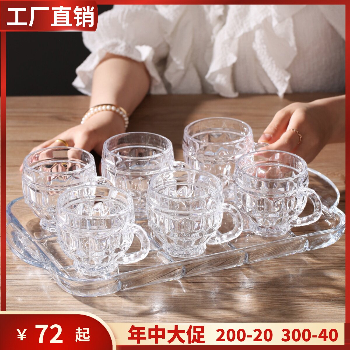 玻璃水杯套装带托盘家用加厚耐热透明咖啡杯子带把下午茶具花茶杯
