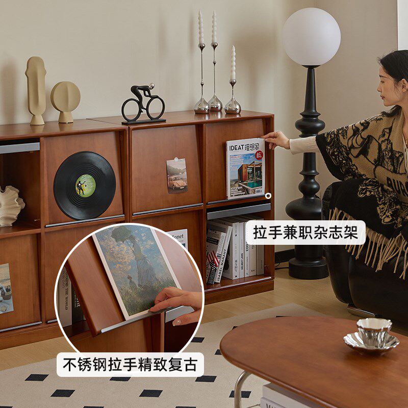 繁丰实木书柜落地组合展示柜客厅复古格子柜储物柜斗柜中古风边柜