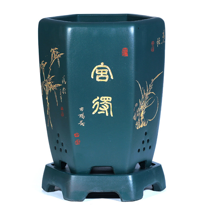 宜兴紫砂花盆兰花盆带托盘透气室内陶瓷君子吊兰花专用六方盆景盆