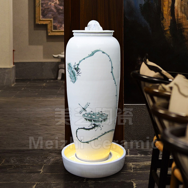 办公室陶瓷流水生财摆件喷水大花瓶景观喷泉陶罐客厅转运球加湿器