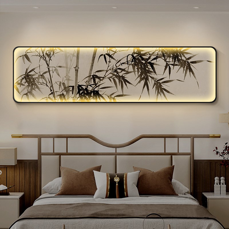 新中式卧室床头装饰画横幅禅意LED灯画酒店客厅复古挂画