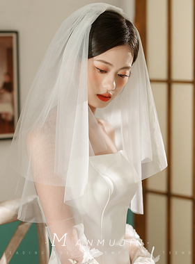 法式简约百搭短款双层素头纱求婚拍照新娘小白裙结婚登记领证头饰