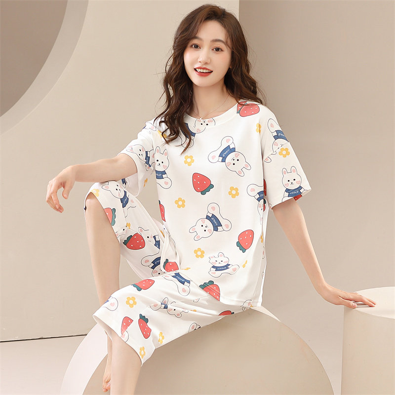 睡衣女士夏季纯棉可爱大码薄款短睡衣/家居服套装