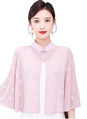 女防晒衫薄款冰丝小衫旗袍外披肩外搭时尚复古斗篷配裙子纯色纱衣