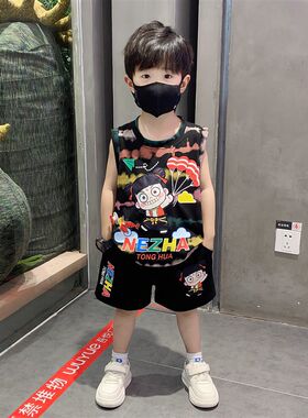 哪吒儿童服装男童夏套装2025新款帅气时髦男孩宝宝夏装无袖衣服潮