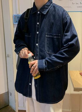 2021春秋简约牛仔衬衫男长袖装韩版潮流休闲衬衣宽松个性情侣外套