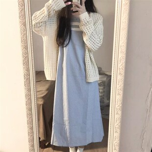 秋装搭配一整套女温柔慵懒风镂空针织衫外套吊带连衣裙子两件套装