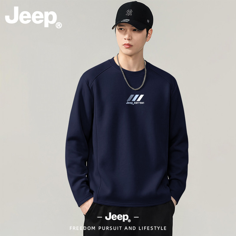 JEEP/吉普美式极简解构藏青色长袖T恤秋季宽松卫衣休闲运动上衣潮