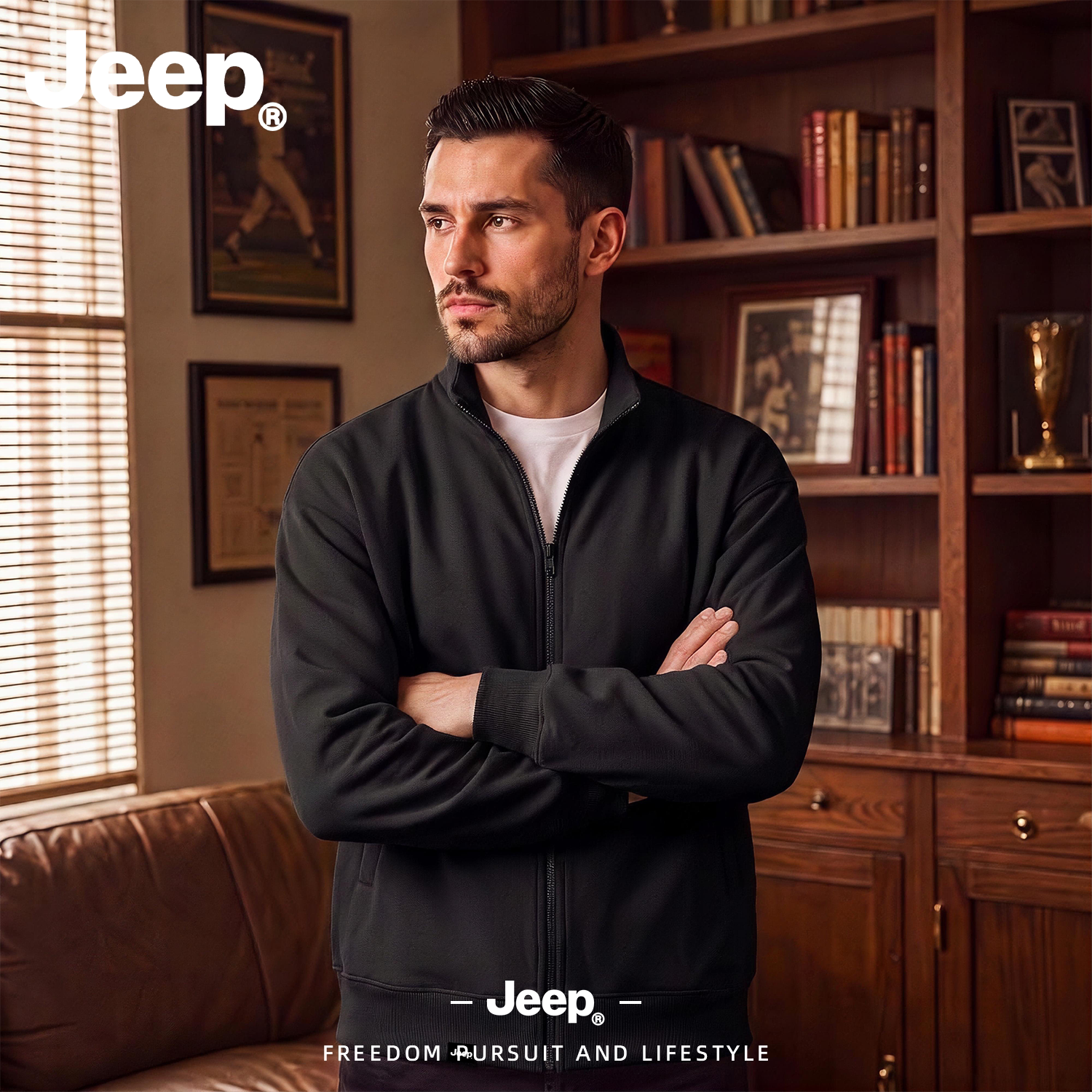JEEP/吉普美式立领卫衣开衫男士秋季宽松中青年运动夹克休闲外套