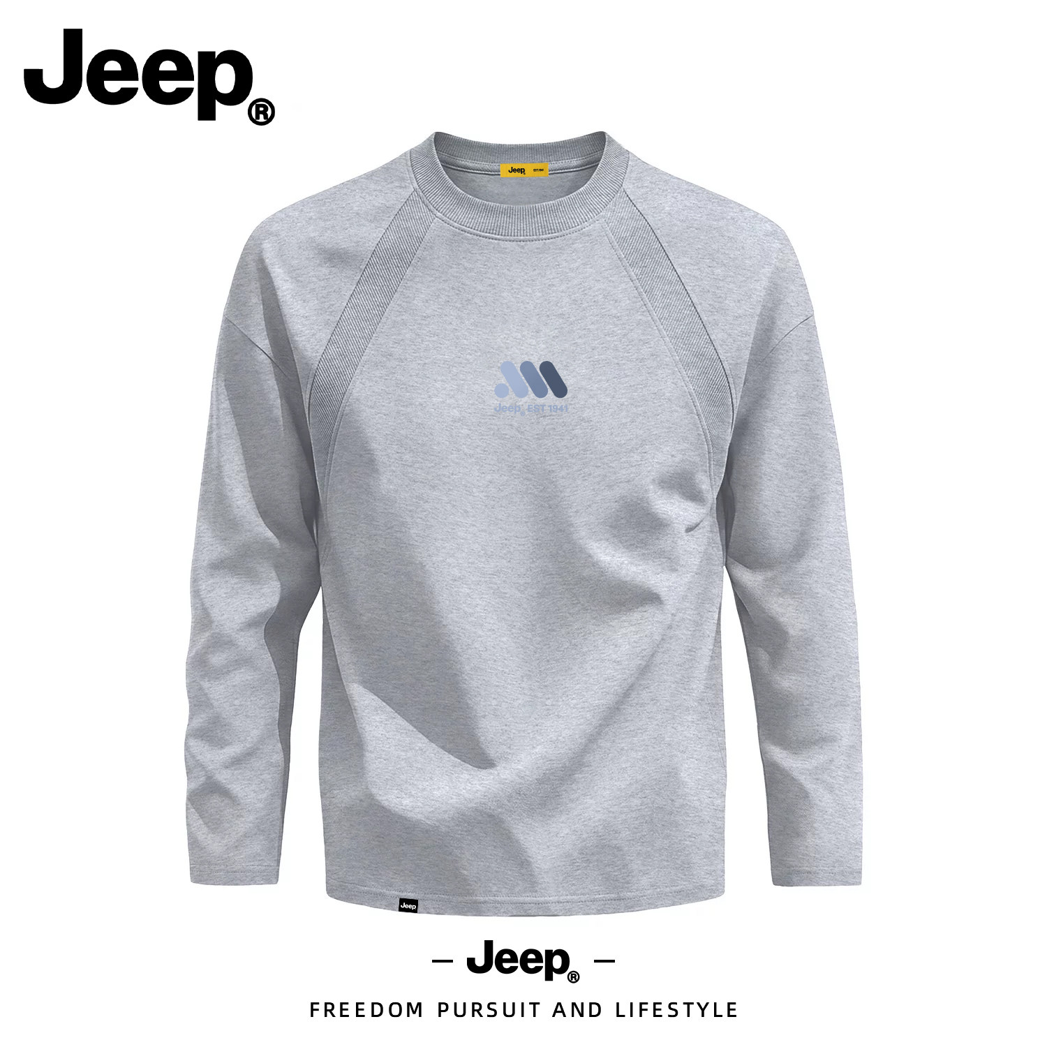 JEEP/吉普美式复古插肩长袖T恤男秋季圆领灰色高级感宽松休闲上衣