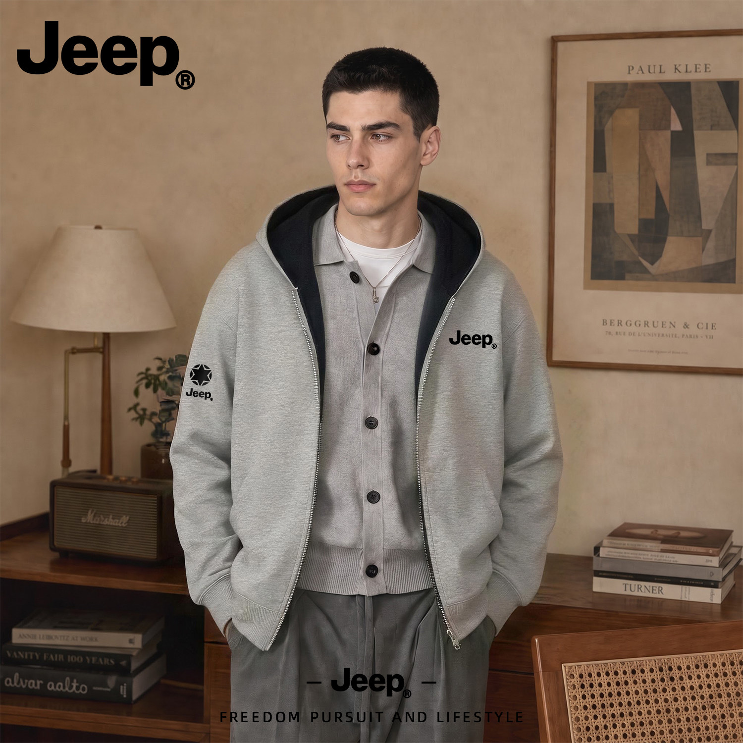 JEEP/吉普美式双层撞色连帽开衫男秋季新款双拉链飞行员夹克外套