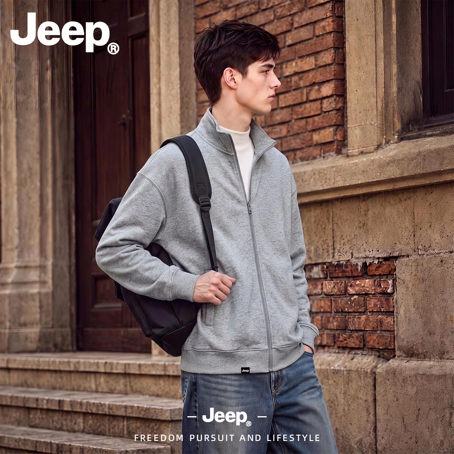 JEEP/吉普美式灰色开衫卫衣男秋高级感cleanfit运动立领夹克外套