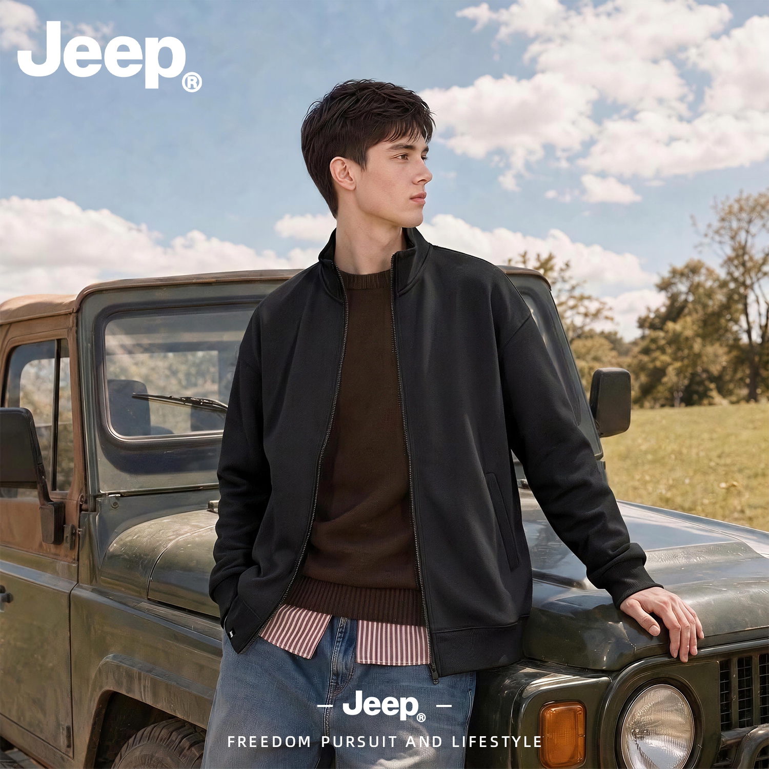 JEEP/吉普美式复古立领拉链卫衣开衫男士秋季休闲运动风夹克外套