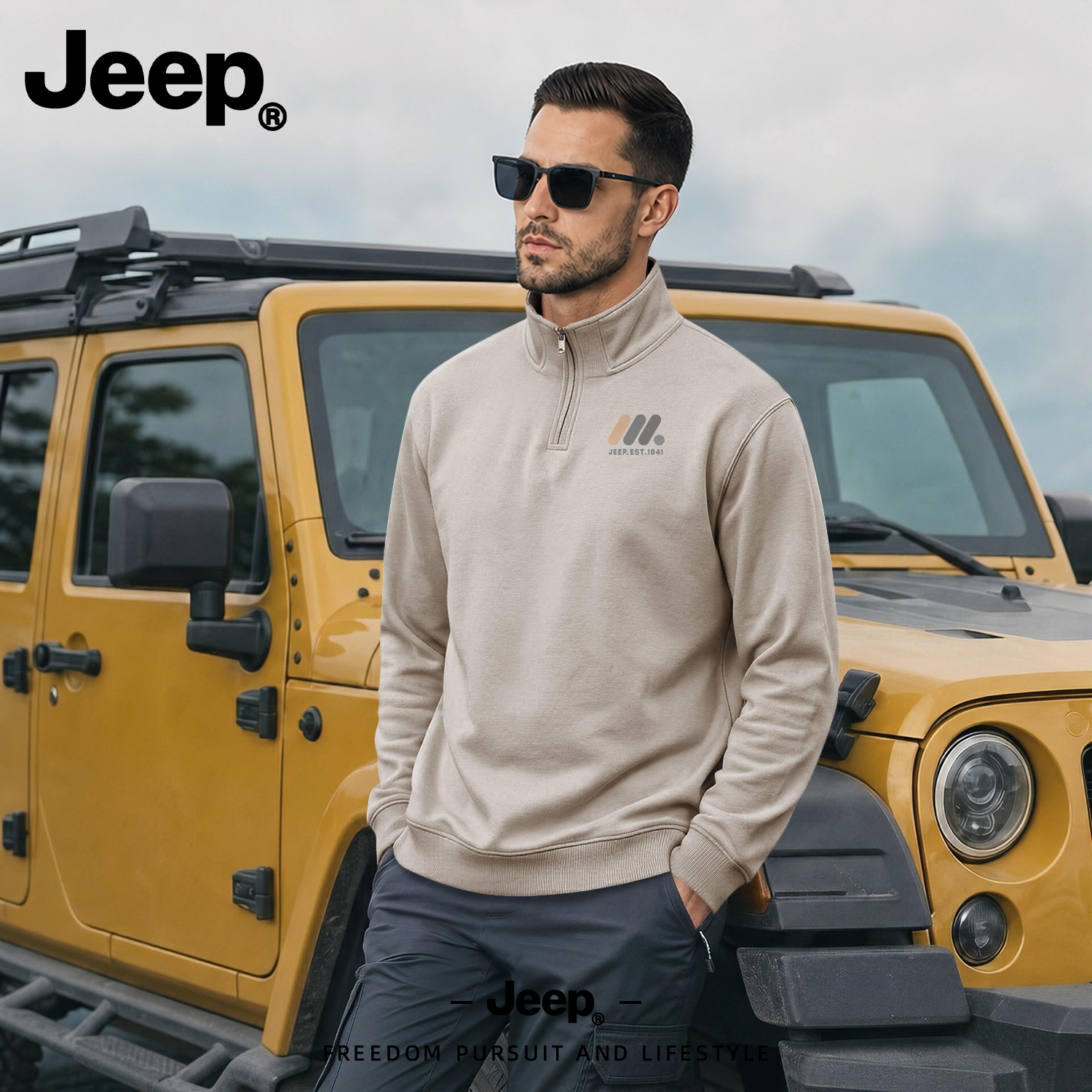 JEEP美式复古半高领卫衣男