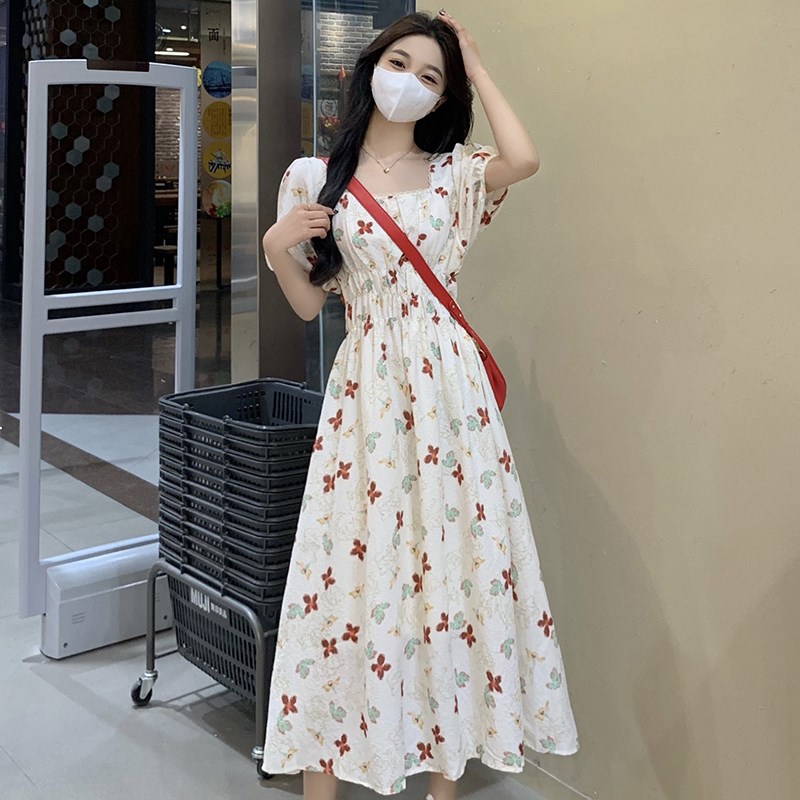 鹿向南夏季新款裙子雪纺温柔小个子长裙收腰法式方领甜美连衣裙女图片