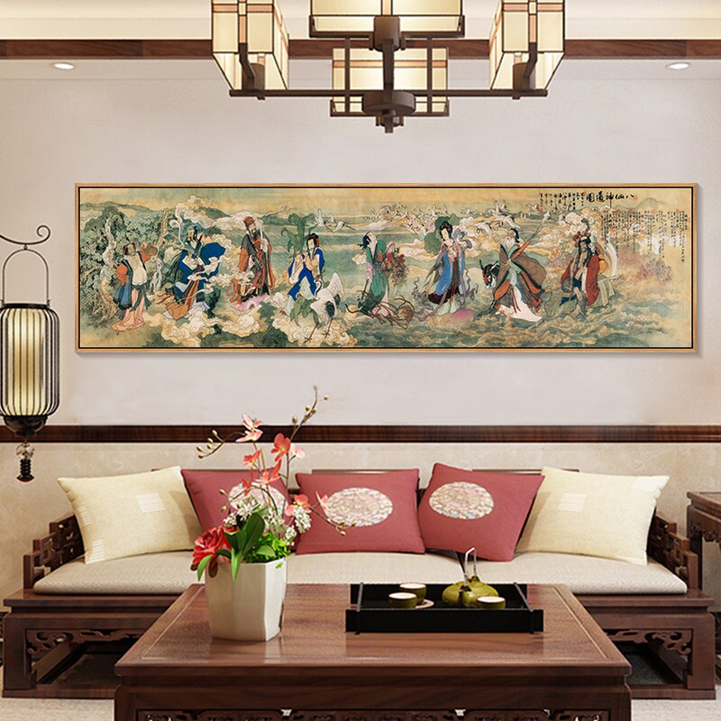 八仙过海挂画新中式客厅背景墙装饰画酒店卧室床头画茶室壁画横版