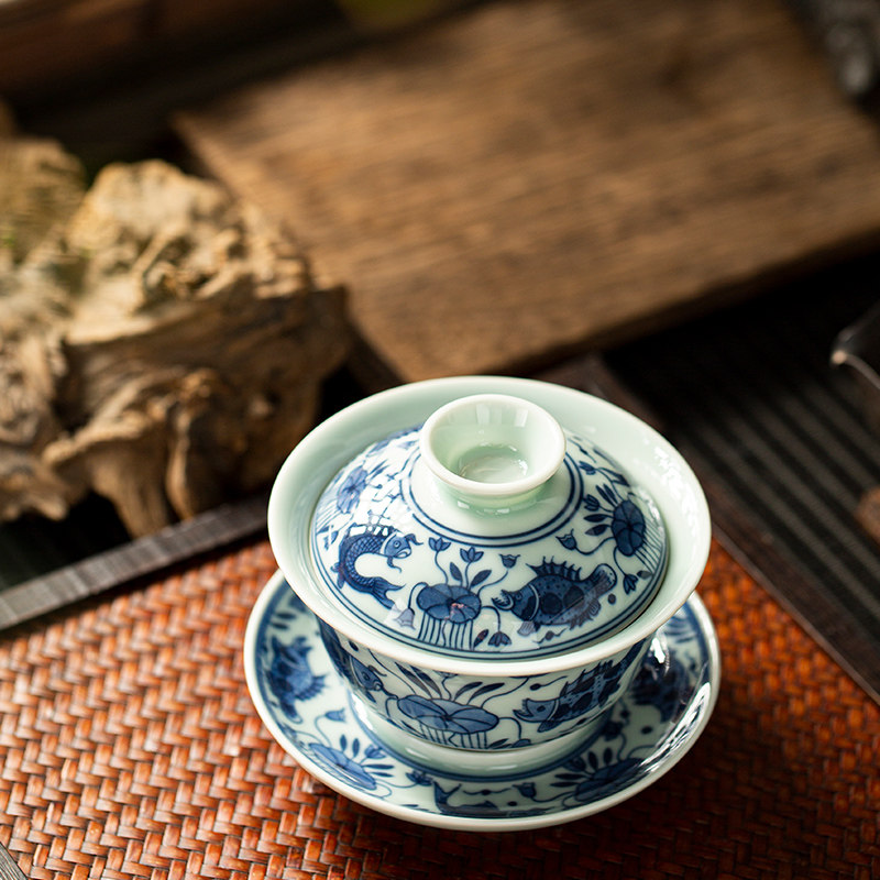 三勤堂景德镇陶瓷鱼藻纹釉下青花手工手绘三才盖碗杯泡茶器敬茶碗