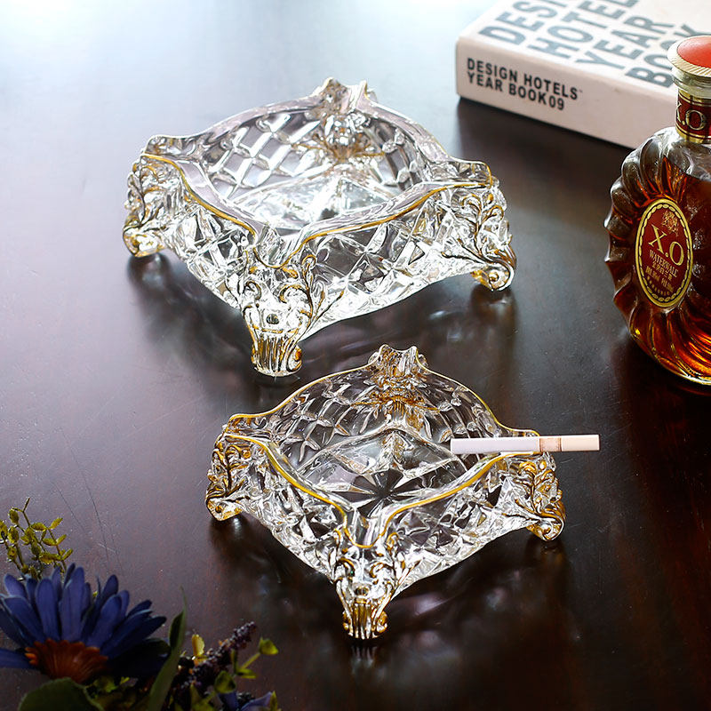 创意轻奢描金水晶玻璃烟灰缸家用客厅办公室大号高端四方个性烟缸