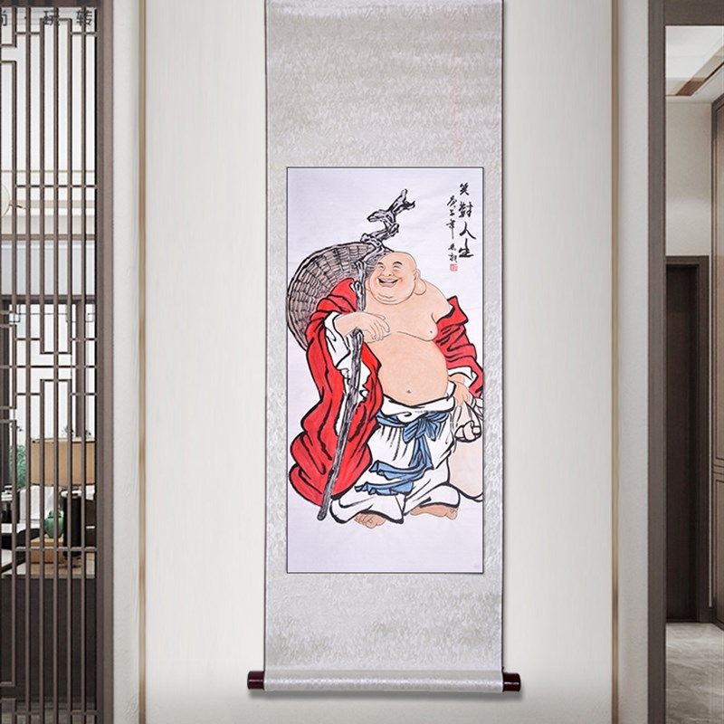 手绘弥勒佛画像国画入户玄关茶室办公室挂画新中式佛系装饰画招财