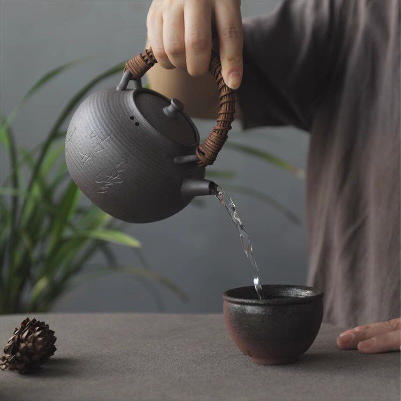 潮人茶事信堂暮山提梁砂铫壶老岩泥手工刻字煮茶器烧水壶陶壶茶壶